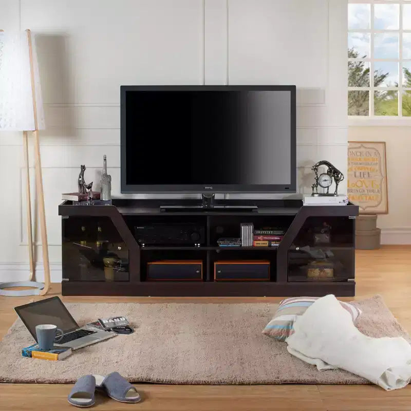 Invera 4 Shelf TV Stand for TVs up to 70" Espresso - HOMES: Inside + Out: Modern Media Console with Glass Cabinets