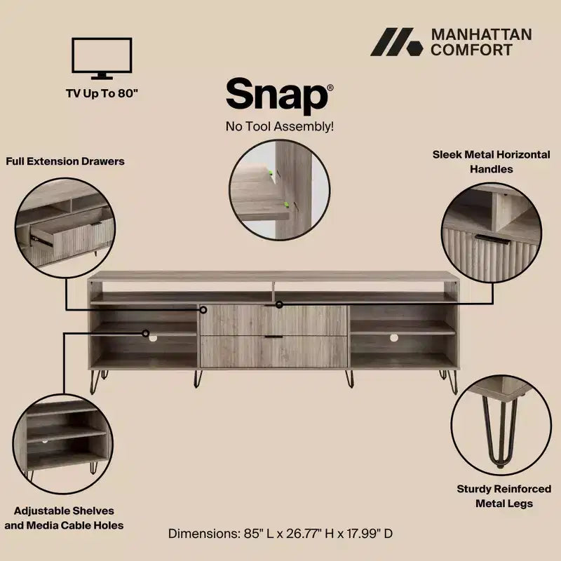 Meuble TV Dumbo Manhattan Comfort 85 po pour téléviseurs jusqu'à 80 po Gris rustique