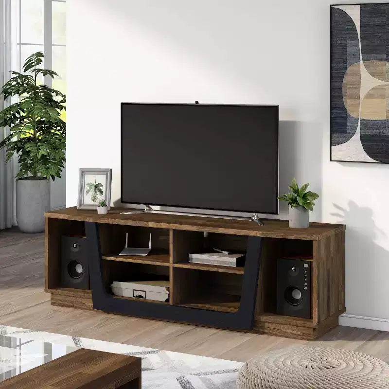 miBasics Rockyford Transitional TV Stand for TVs up to 70" Light Hickory: Modern Console with Cable Management, Fixed Shelves