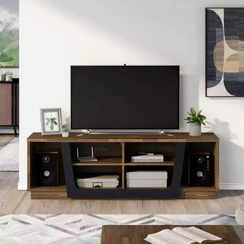 miBasics Rockyford Transitional TV Stand for TVs up to 70" Light Hickory: Modern Console with Cable Management, Fixed Shelves