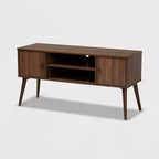 Alard 2 Door Wood TV Stand for TVs up to 50" Walnut - Baxton Studio: Mid-Century Modern Media Console with Fixed Shelves