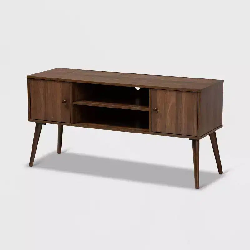 Alard 2 Door Wood TV Stand for TVs up to 50" Walnut - Baxton Studio: Mid-Century Modern Media Console with Fixed Shelves