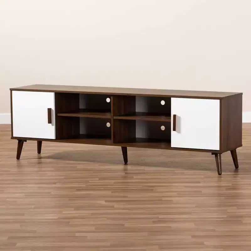 Meuble TV en bois à 2 portes Quinn : Meuble de divertissement pour téléviseurs jusqu'à 75", design Mid-Century - Baxton Studio