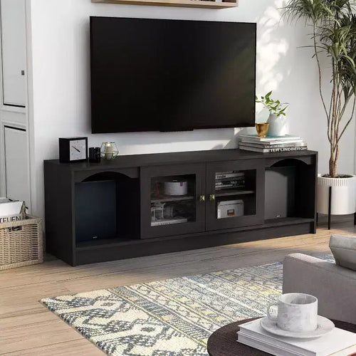 Meuble TV moderne 24/7 Shop At Home Jenny pour téléviseurs jusqu'à 70 po : Fini expresso, cadre en bois, étagères ouvertes, capacité de 150 lb