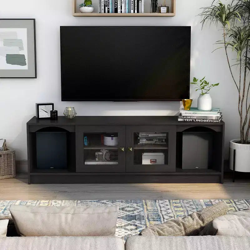 Meuble TV moderne 24/7 Shop At Home Jenny pour téléviseurs jusqu'à 70 po : Fini expresso, cadre en bois, étagères ouvertes, capacité de 150 lb
