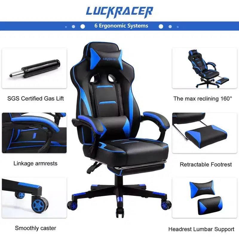LUCKRACER Gaming Chair with Footrest High Back Computer Desk Chair Office Chair Blue