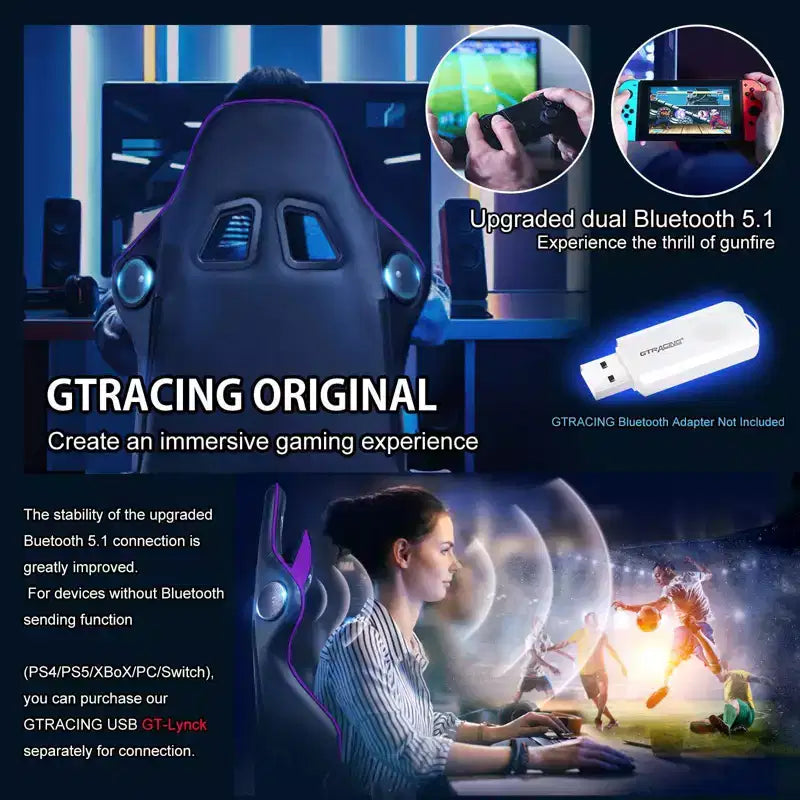 GTRACING Gaming Chair with Bluetooth Speakers High Back PU Office Chair Purple