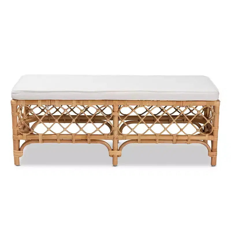 Banc rembourré en tissu et rotin Orchard, blanc/naturel - bali & pari