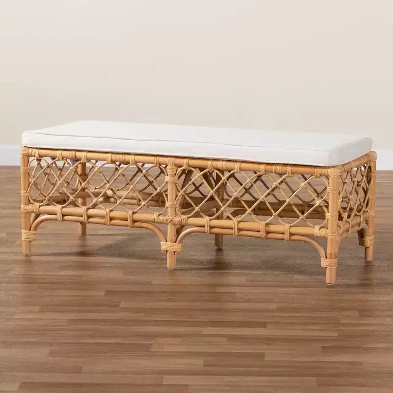 Banc rembourré en tissu et rotin Orchard, blanc/naturel - bali & pari