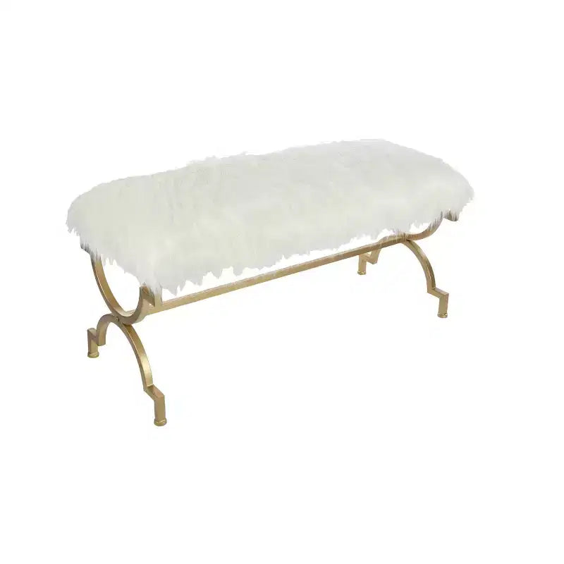 Banc coussin en fausse fourrure blanc – Olivia & May : Siège d'entrée chic, cadre métallique 2 places