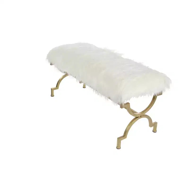 Banc coussin en fausse fourrure blanc – Olivia & May : Siège d'entrée chic, cadre métallique 2 places