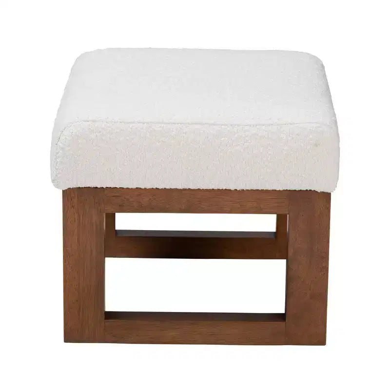 Repose-pieds ottoman Yashiya Boucle : Design mi-siècle, cadre en bois d'hévéa - Baxton Studio