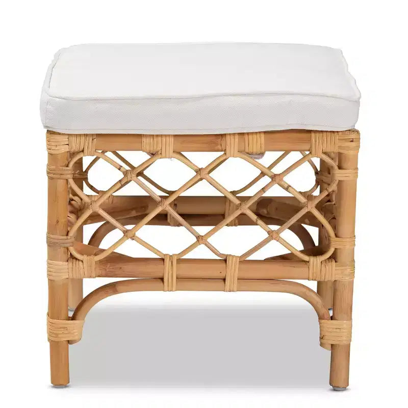 Orchard Fabric Upholstered and Rattan Ottoman White/Natural - bali & pari: Comfortable Seating, No Assembly Required