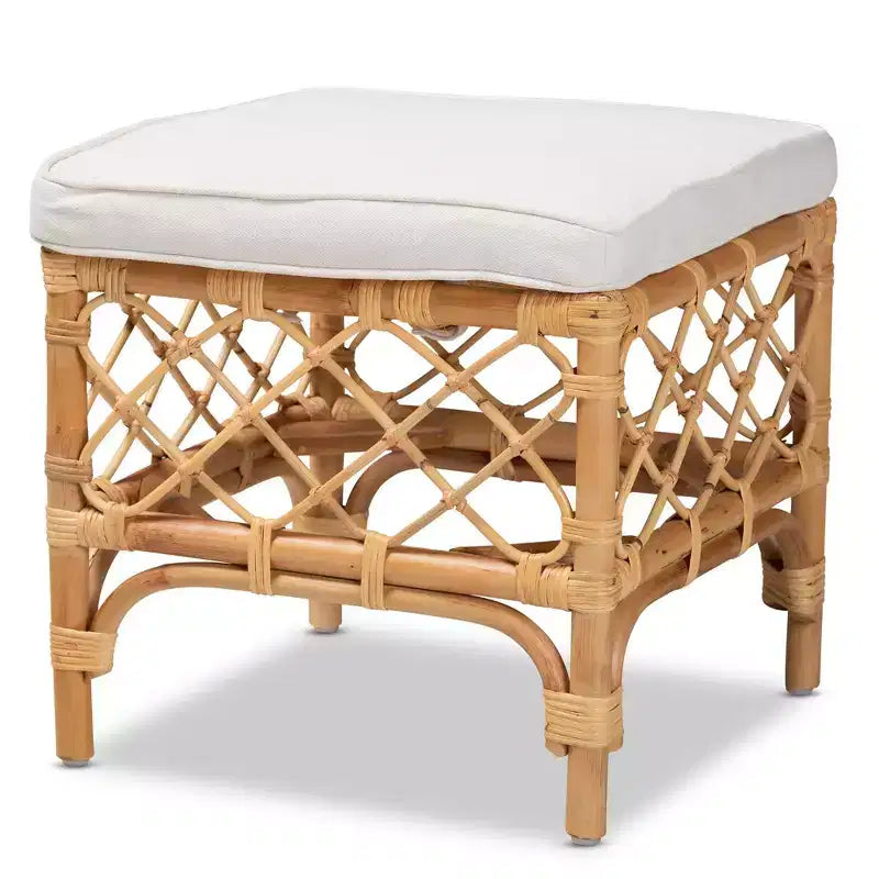 Orchard Fabric Upholstered and Rattan Ottoman White/Natural - bali & pari: Comfortable Seating, No Assembly Required