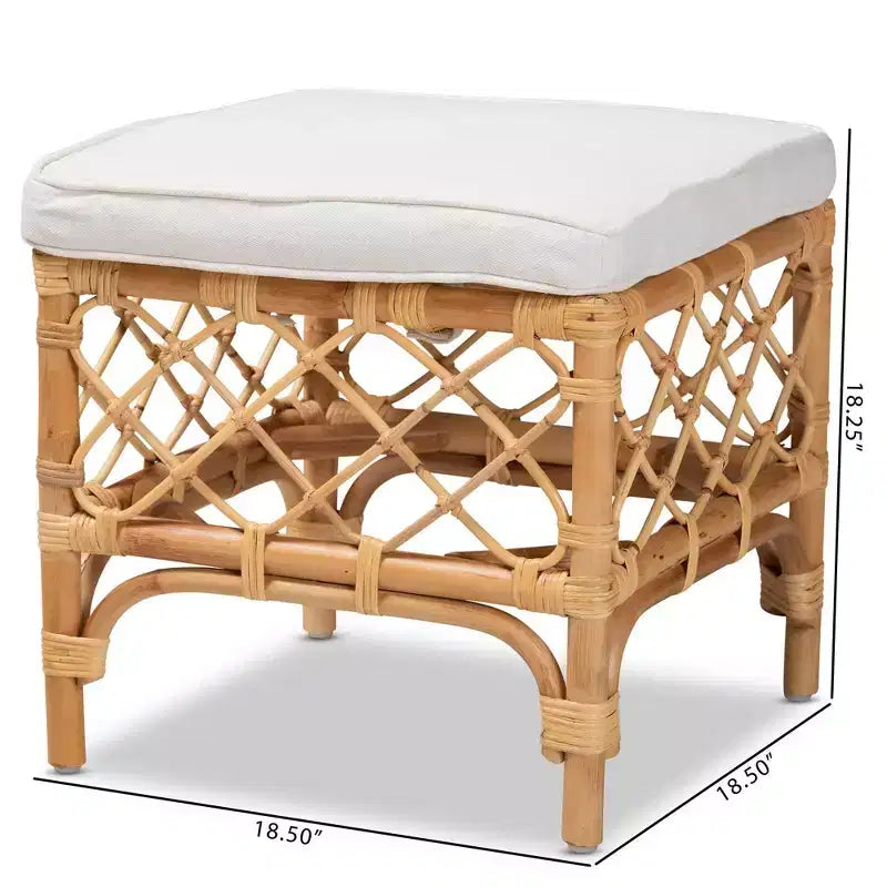 Orchard Fabric Upholstered and Rattan Ottoman White/Natural - bali & pari: Comfortable Seating, No Assembly Required