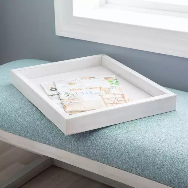 Banc de rangement capitonné Lemire avec plateau, blanc délavé et bleu sarcelle - Powell : Siège d'entrée, capacité de 136 kg