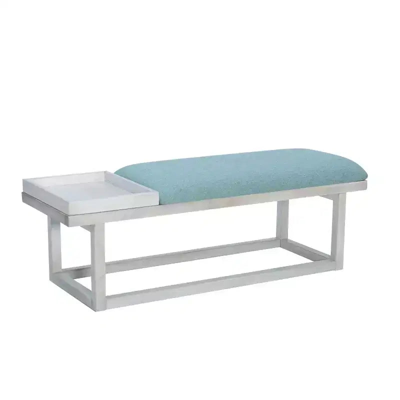 Banc de rangement capitonné Lemire avec plateau, blanc délavé et bleu sarcelle - Powell : Siège d'entrée, capacité de 136 kg