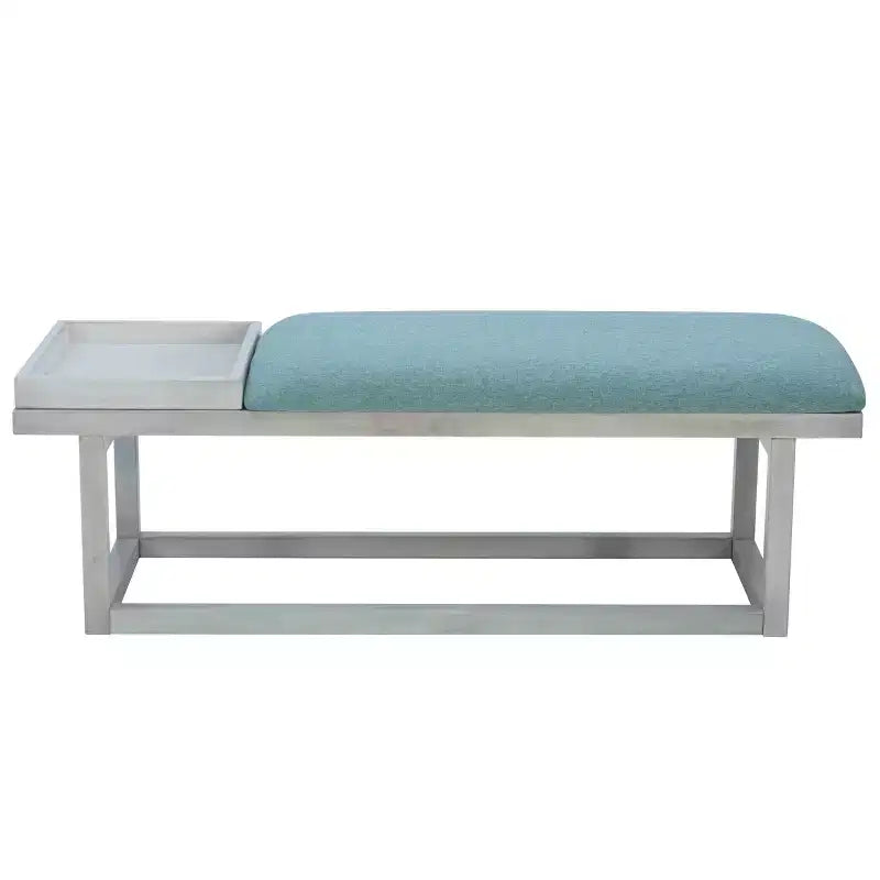 Banc de rangement capitonné Lemire avec plateau, blanc délavé et bleu sarcelle - Powell : Siège d'entrée, capacité de 136 kg