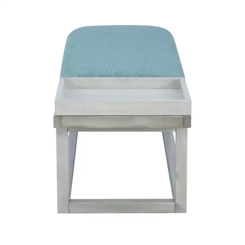 Banc de rangement capitonné Lemire avec plateau, blanc délavé et bleu sarcelle - Powell : Siège d'entrée, capacité de 136 kg