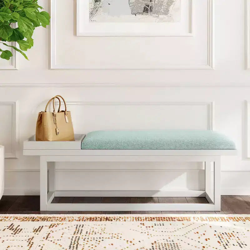 Banc de rangement capitonné Lemire avec plateau, blanc délavé et bleu sarcelle - Powell : Siège d'entrée, capacité de 136 kg