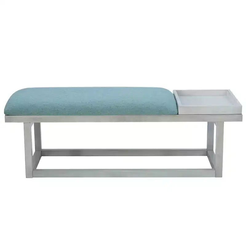 Banc de rangement capitonné Lemire avec plateau, blanc délavé et bleu sarcelle - Powell : Siège d'entrée, capacité de 136 kg