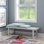 Banc de rangement capitonné Lemire avec plateau, blanc délavé et bleu sarcelle - Powell : Siège d'entrée, capacité de 136 kg