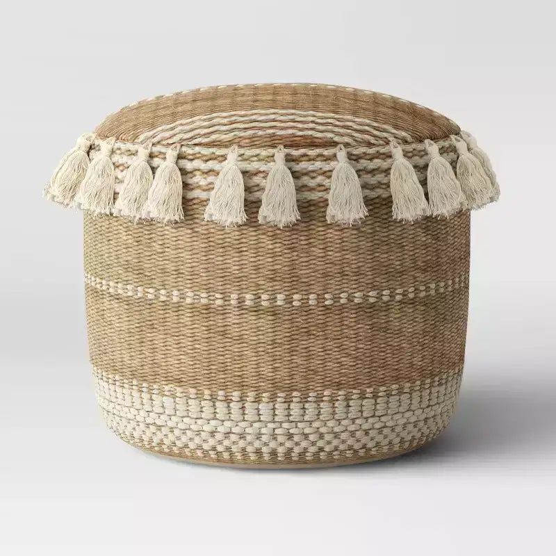 Gemma Pouf en jute rayé/à pompons naturel - Opalhouse™ : style bohème, ottoman rond rembourré avec billes de polystyrène