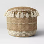 Gemma Pouf en jute rayé/à pompons naturel - Opalhouse™ : style bohème, ottoman rond rembourré avec billes de polystyrène
