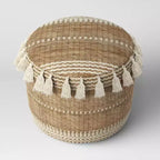 Gemma Pouf en jute rayé/à pompons naturel - Opalhouse™ : style bohème, ottoman rond rembourré avec billes de polystyrène