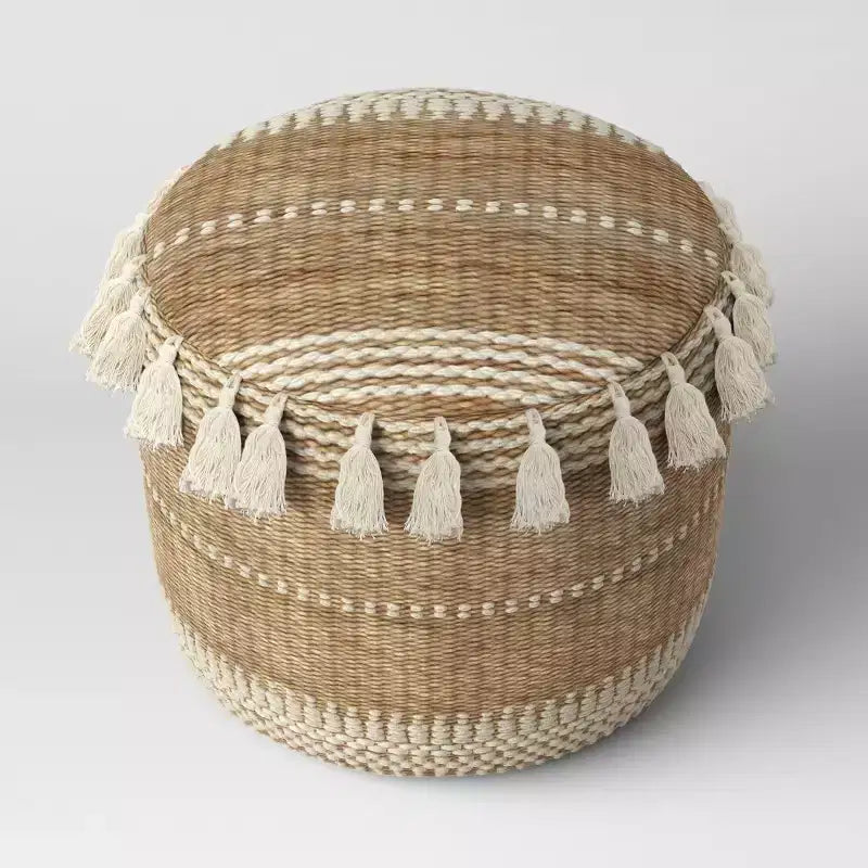 Gemma Pouf en jute rayé/à pompons naturel - Opalhouse™ : style bohème, ottoman rond rembourré avec billes de polystyrène