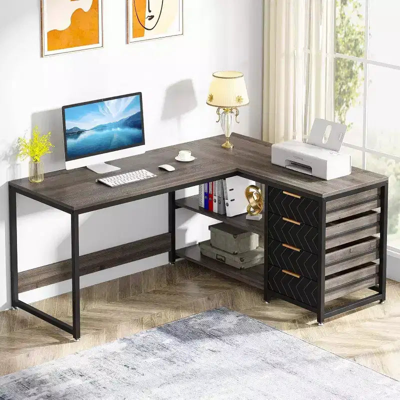 LITTLE TREE 59" Reversible L Shaped Corner Desk with Storage Drawers Gray