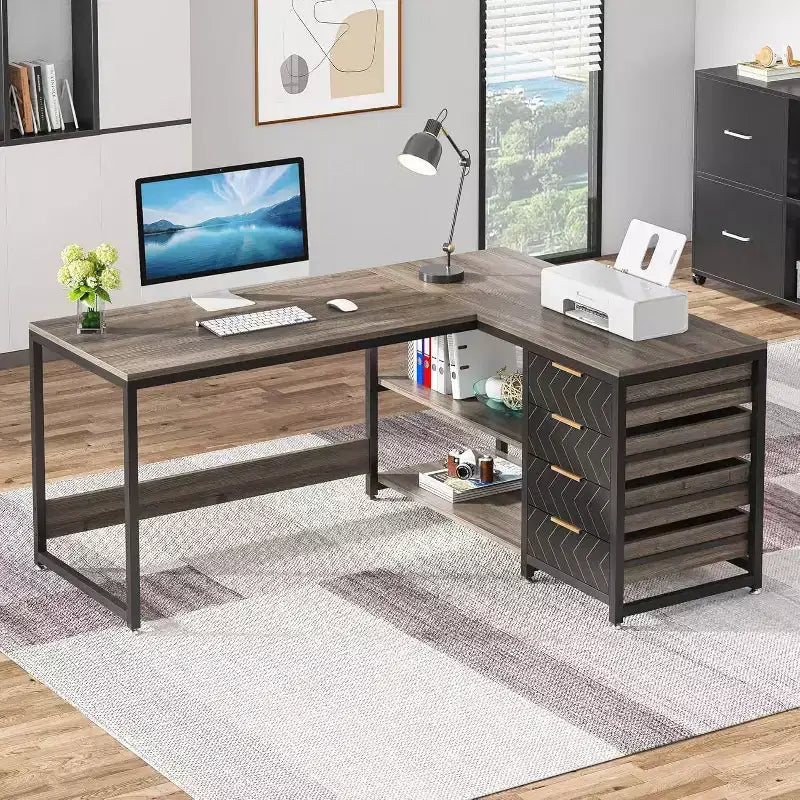 LITTLE TREE Bureau d'angle réversible en L de 150 cm avec tiroirs de rangement Gris
