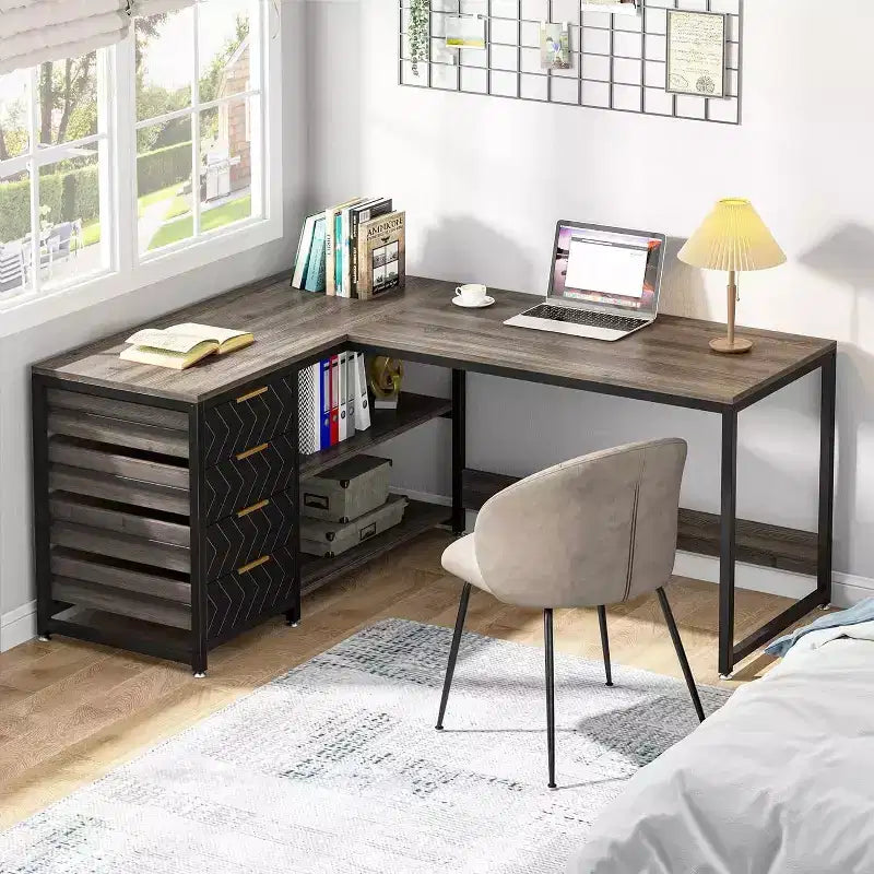 LITTLE TREE Bureau d'angle réversible en L de 150 cm avec tiroirs de rangement Gris