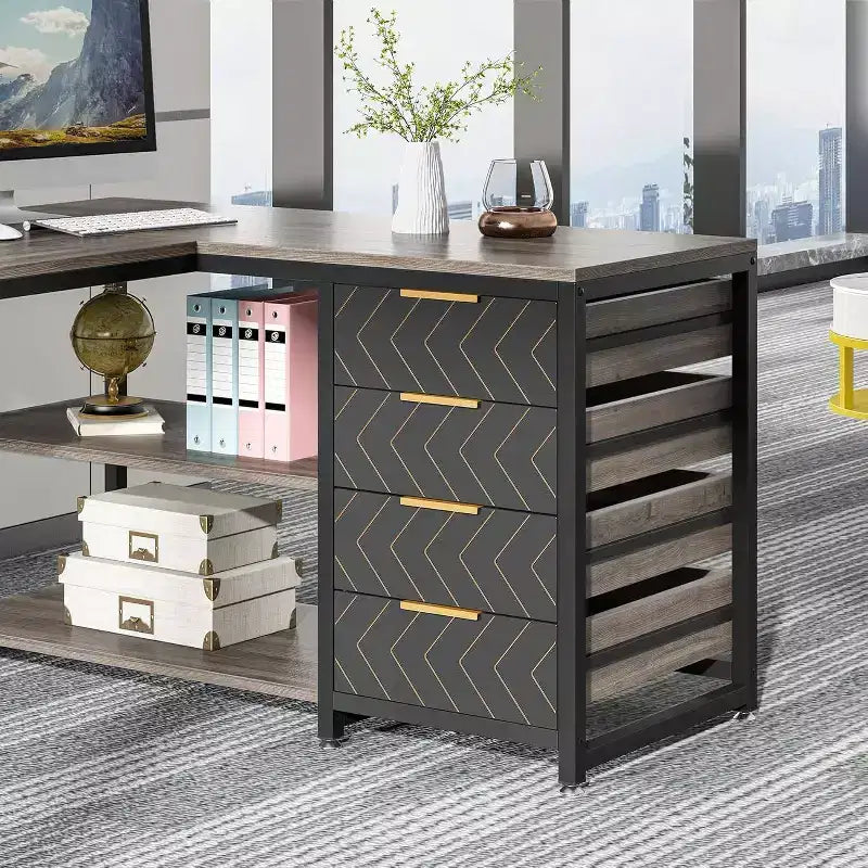 LITTLE TREE Bureau d'angle réversible en L de 150 cm avec tiroirs de rangement Gris