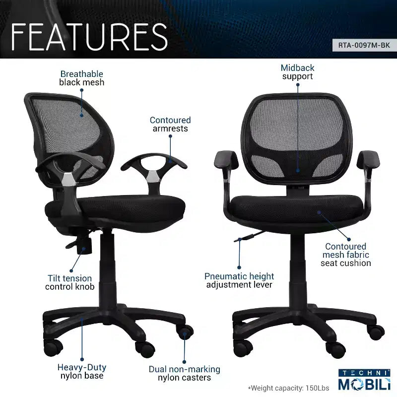 Fauteuil de bureau avec dossier en résille à mi-hauteur noir - Techni Mobili : pneumatique, pivotant, capacité de 68 kg