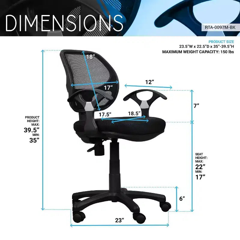 Fauteuil de bureau avec dossier en résille à mi-hauteur noir - Techni Mobili : pneumatique, pivotant, capacité de 68 kg