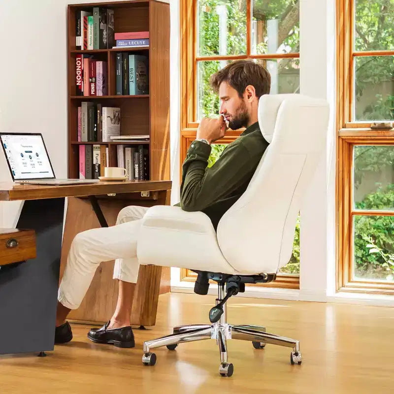 Glitzhome Chaise de bureau pivotante réglable en cuir reconstitué avec vérin à gaz, crème, style Mid-Century : Ergonomique, dossier rembourré, accoudoirs fixes