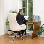 Glitzhome Chaise de bureau pivotante réglable en cuir reconstitué avec vérin à gaz, crème, style Mid-Century : Ergonomique, dossier rembourré, accoudoirs fixes