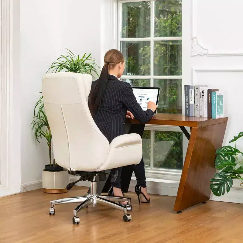 Glitzhome Chaise de bureau pivotante réglable en cuir reconstitué avec vérin à gaz, crème, style Mid-Century : Ergonomique, dossier rembourré, accoudoirs fixes