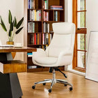 Glitzhome Chaise de bureau pivotante réglable en cuir reconstitué avec vérin à gaz, crème, style Mid-Century : Ergonomique, dossier rembourré, accoudoirs fixes