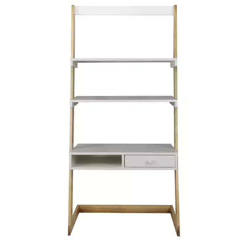 Bureau échelle autoportant avec tiroir en érable massif américain naturel/blanc - Flora Home : Style moderne, étagères fixes, construction en bois massif