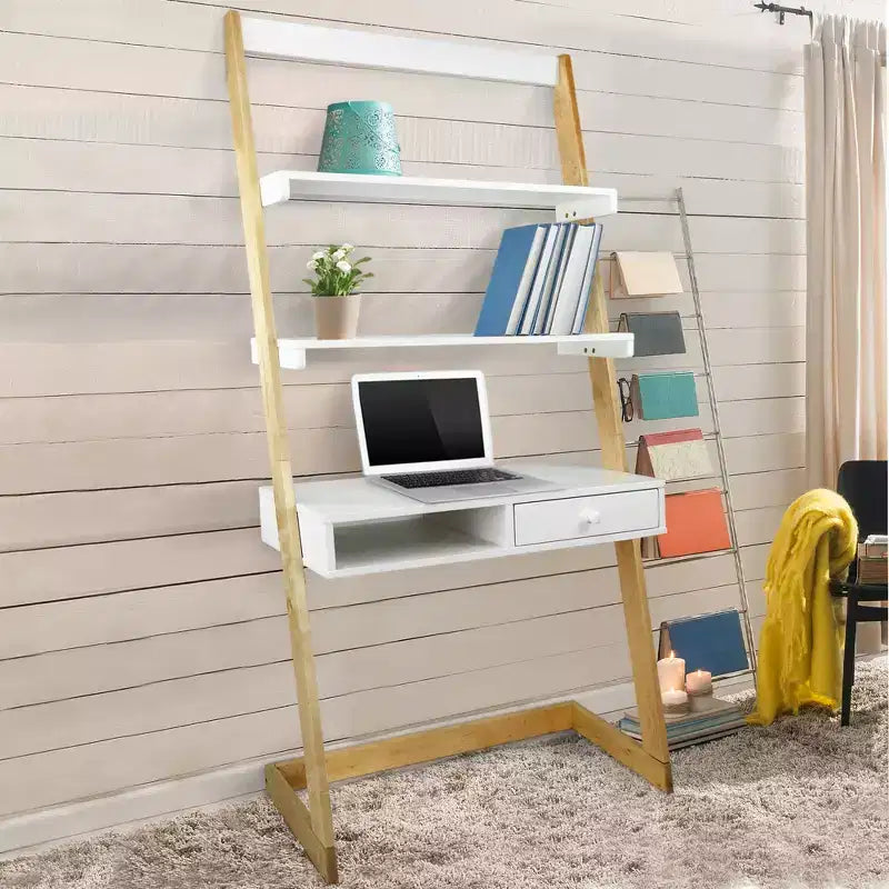 Bureau échelle autoportant avec tiroir en érable massif américain naturel/blanc - Flora Home : Style moderne, étagères fixes, construction en bois massif