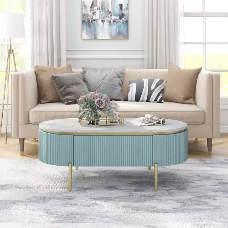 Table basse Carthagène en faux marbre avec tiroir Bleu sarcelle clair - HOMES: Inside + Out: Or chic, design moderne du milieu du siècle, rangement dissimulé