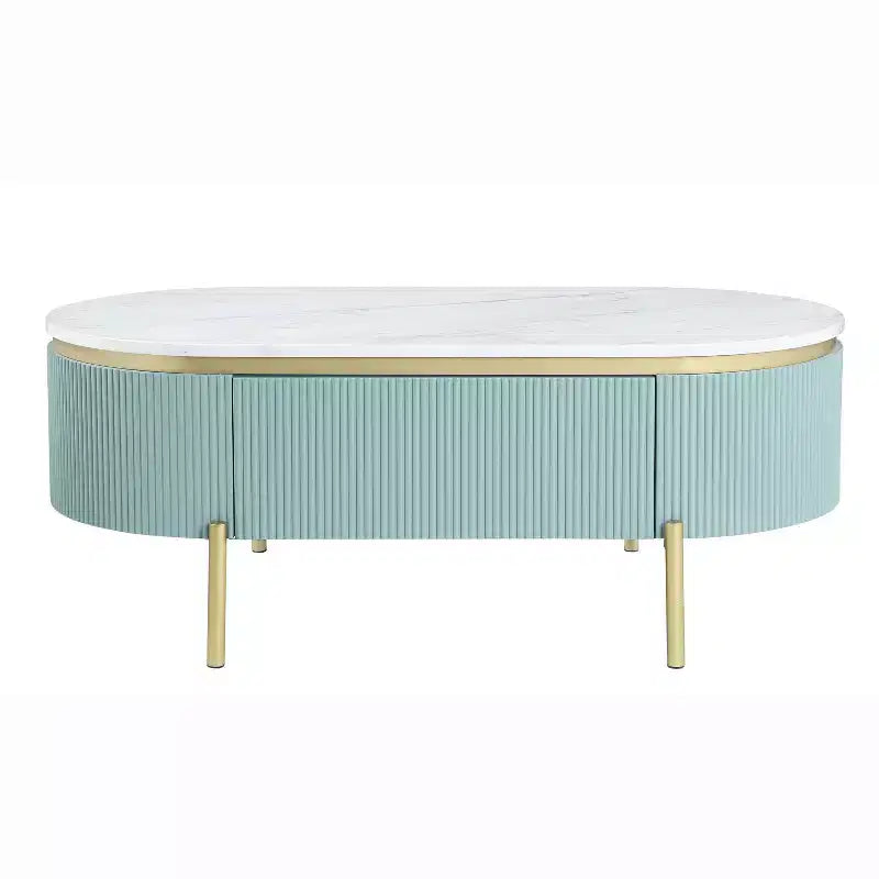 Table basse Carthagène en faux marbre avec tiroir Bleu sarcelle clair - HOMES: Inside + Out: Or chic, design moderne du milieu du siècle, rangement dissimulé