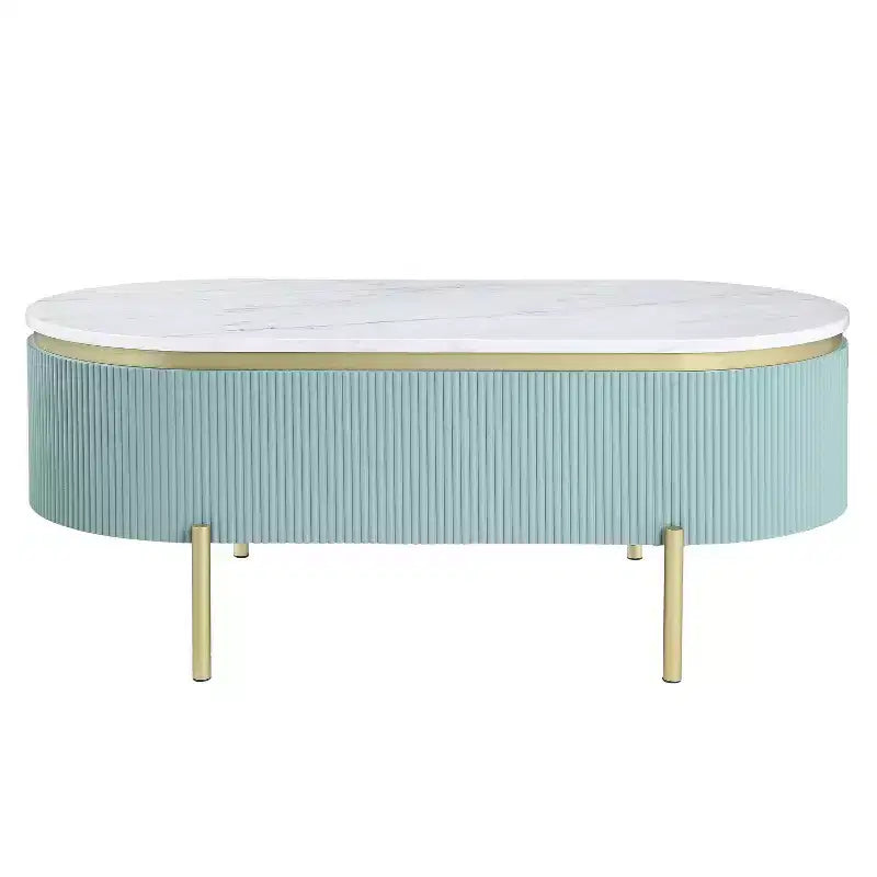 Table basse Carthagène en faux marbre avec tiroir Bleu sarcelle clair - HOMES: Inside + Out: Or chic, design moderne du milieu du siècle, rangement dissimulé