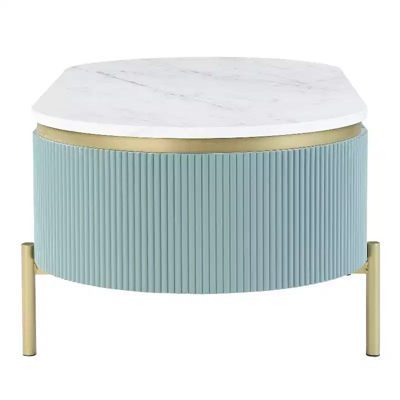 Table basse Carthagène en faux marbre avec tiroir Bleu sarcelle clair - HOMES: Inside + Out: Or chic, design moderne du milieu du siècle, rangement dissimulé