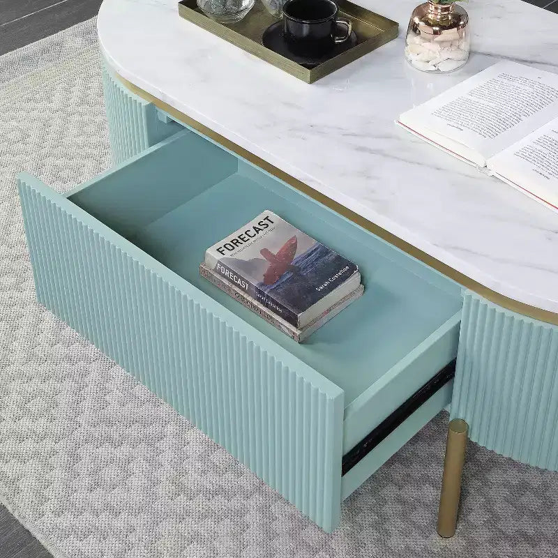 Table basse Carthagène en faux marbre avec tiroir Bleu sarcelle clair - HOMES: Inside + Out: Or chic, design moderne du milieu du siècle, rangement dissimulé