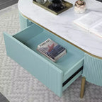 Table basse Carthagène en faux marbre avec tiroir Bleu sarcelle clair - HOMES: Inside + Out: Or chic, design moderne du milieu du siècle, rangement dissimulé