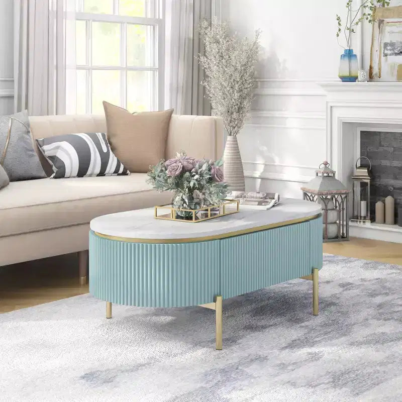 Table basse Carthagène en faux marbre avec tiroir Bleu sarcelle clair - HOMES: Inside + Out: Or chic, design moderne du milieu du siècle, rangement dissimulé