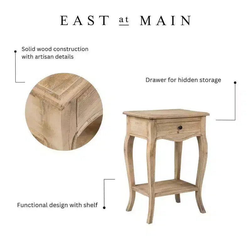 Table d'appoint à tiroir East at Main 28" Promenade, teinte « Tan » : Fabrication en bois de manguier, 65,99 cm (H) x 44,96 cm (P), assemblage sans outils